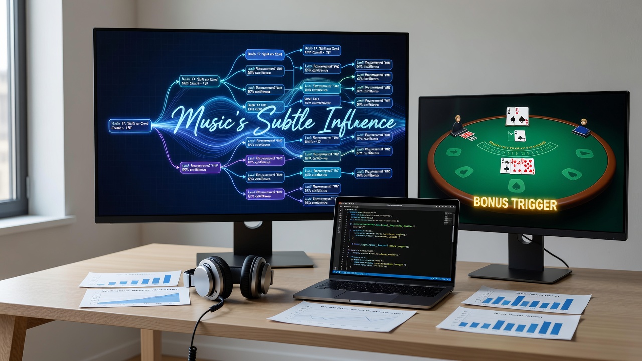 Spieler an einem Live-Blackjack-Tisch mit Bonus-Overlay und subtiler Musik-Integration