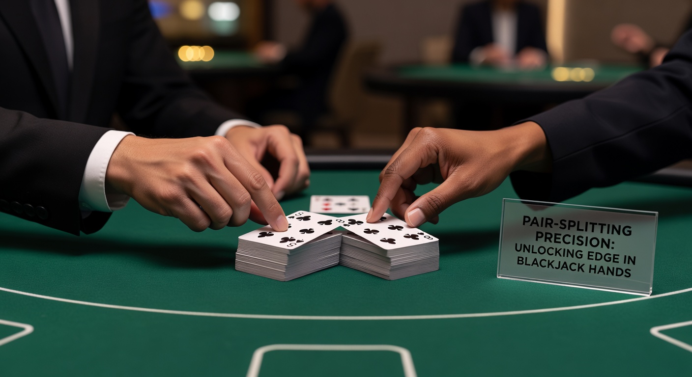 Blackjack-Tisch mit einem Spieler, der ein Paar Asse splittet, während der Dealer eine Sieben aufdeckt; Strategiekarten liegen daneben