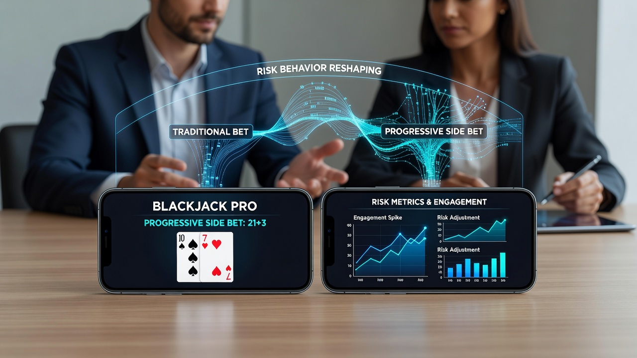 Detailansicht einer mobilen Blackjack-App mit progressivem Jackpot und Risiko-Indikatoren