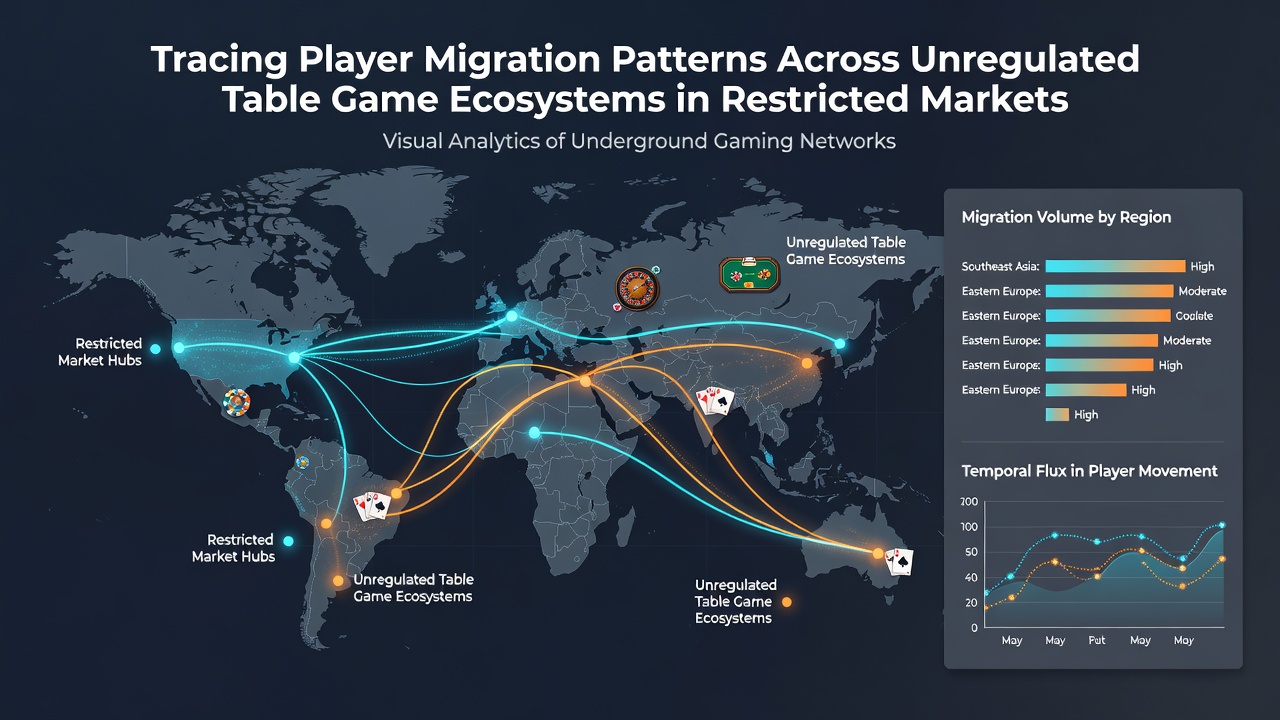 Diagramm illustriert Wachstum unregulierter Tischspielmärkte in Europa und Ozeanien mit Fokus auf Spielermigration bis 2026